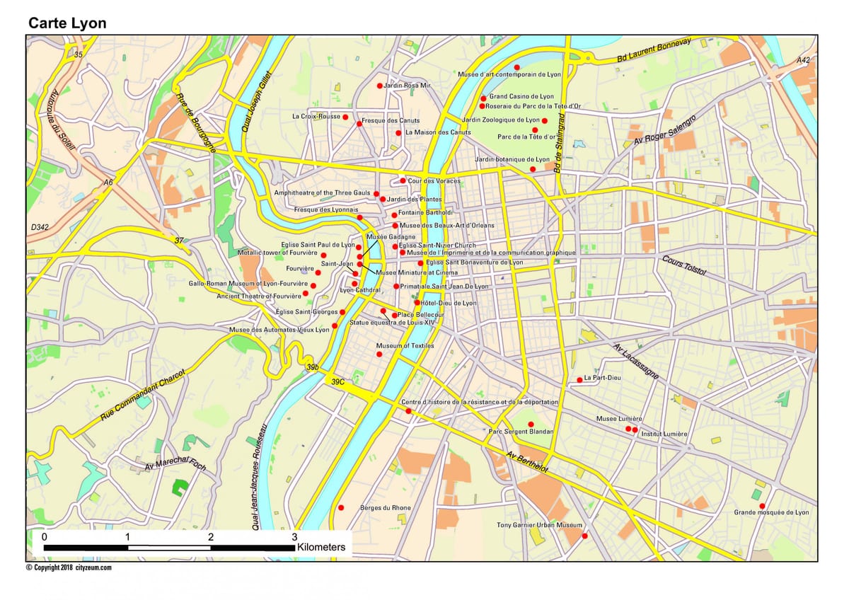 Lyon পর্যটন আকর্ষণ মানচিত্র